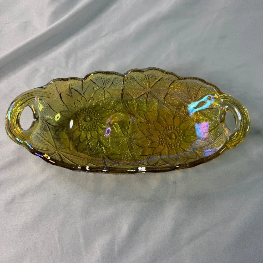 Vintage Sunflower Carnival Glass Relish Dish Marigold Iridescent Amber Tray